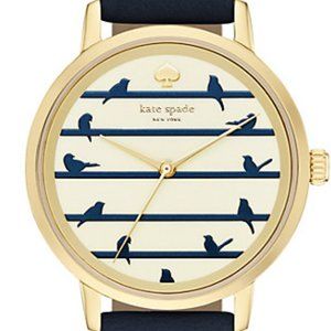 Kate Spade Navy Birds On Wire Watch—gold plated, navy blue leather band—like new